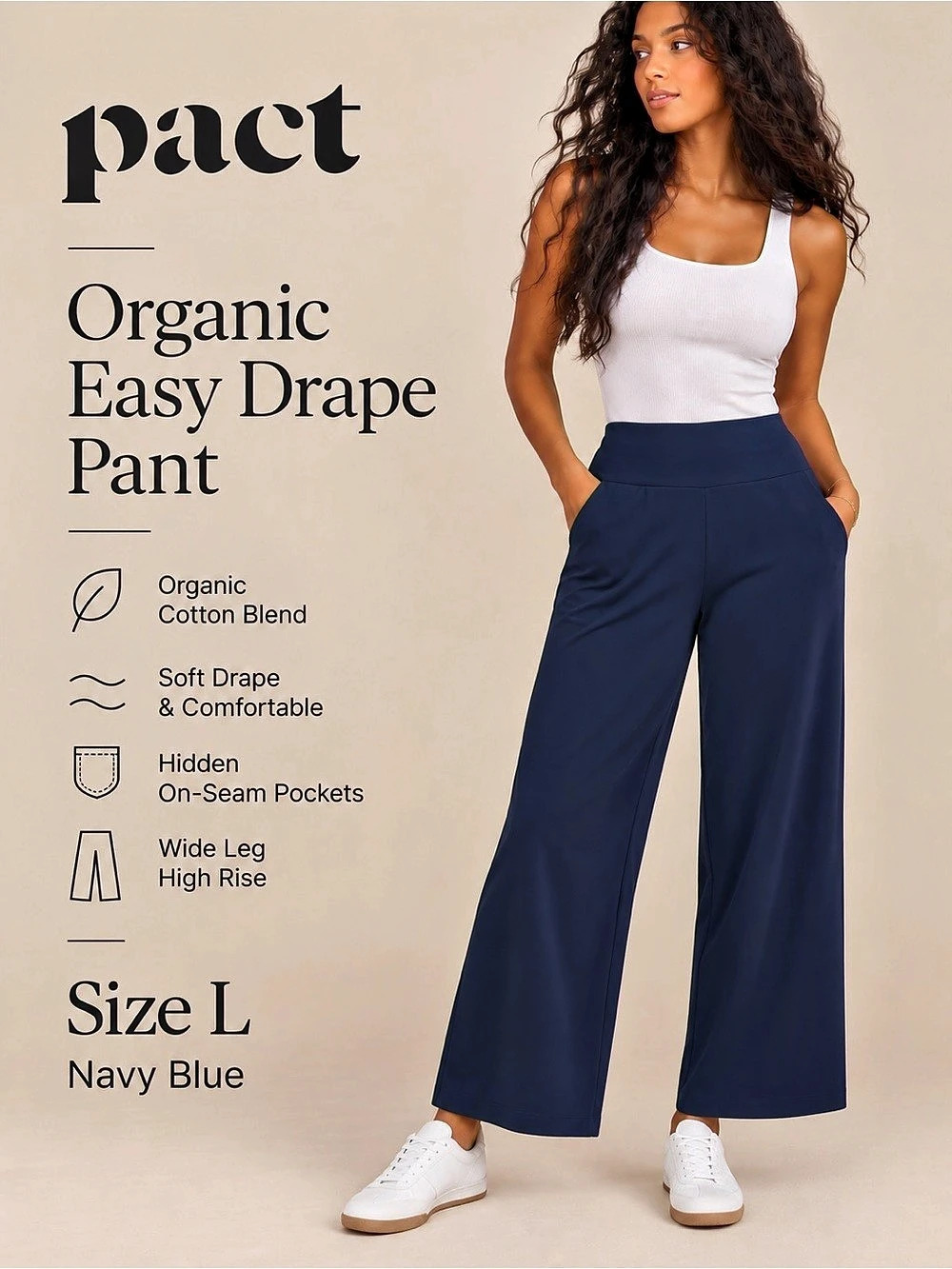 Pact Organic Easy Drape Wide Leg Pants Navy Blue Size L NWOT